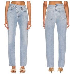 AGOLDE Blue Criss Cross Whiskering Fringe Raw Hem Cotton Straight Jeans Size 25